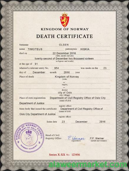 Norway vital record death certificate PSD template